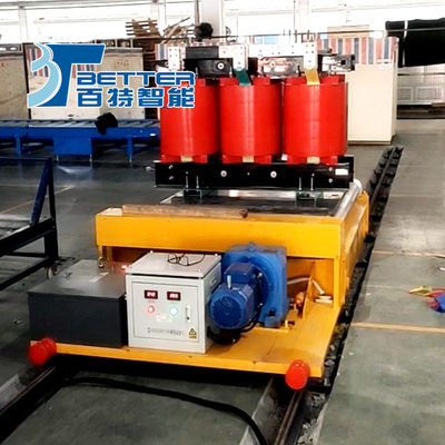 Cross Rail Transfer Cart with dc traction motors and built in battery for electrical control of flat cart start stop and speed control